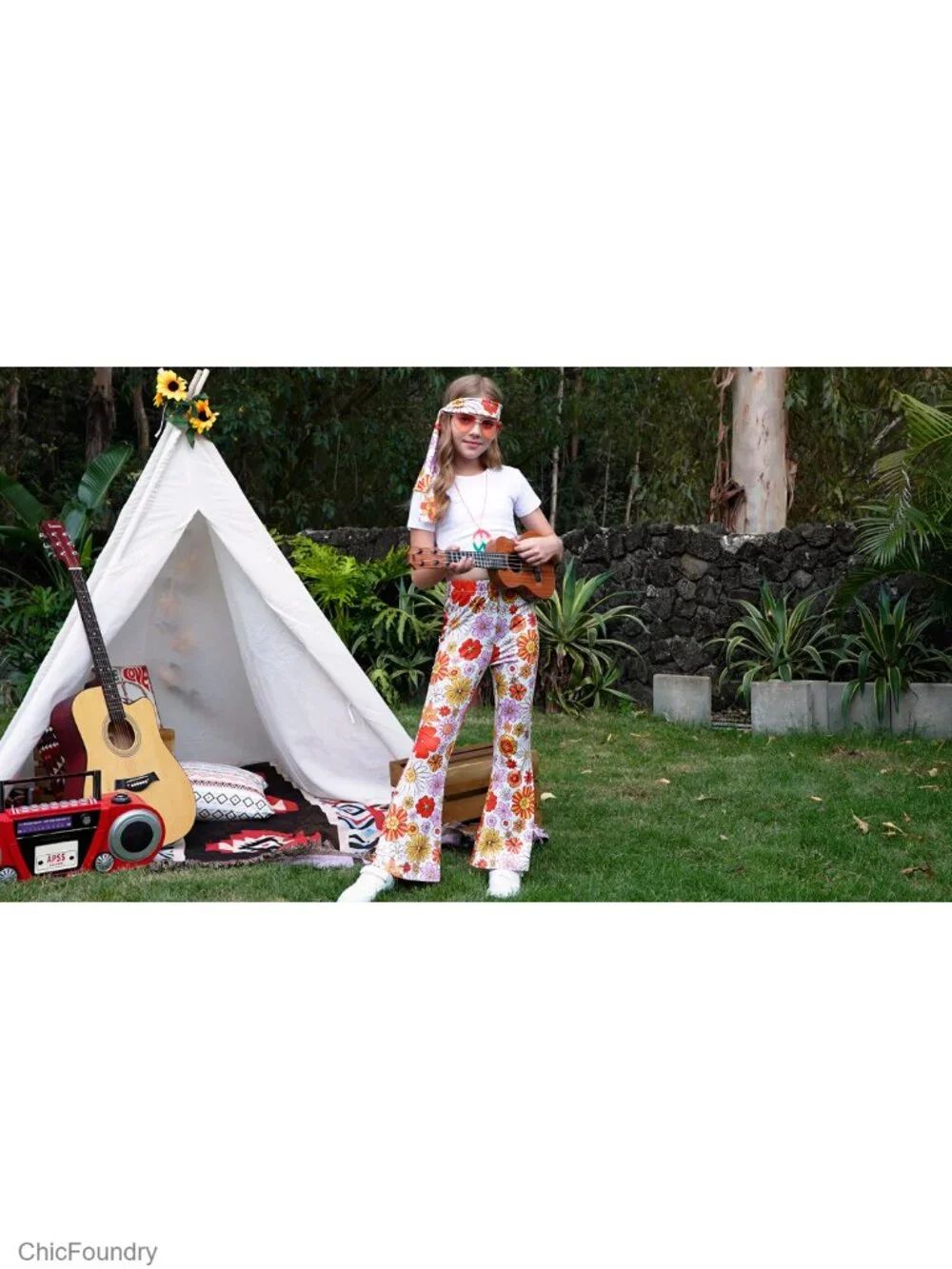 Girls Halloween Hippie Floral Pants Set 4-14Y High Waist Flared High Stretch